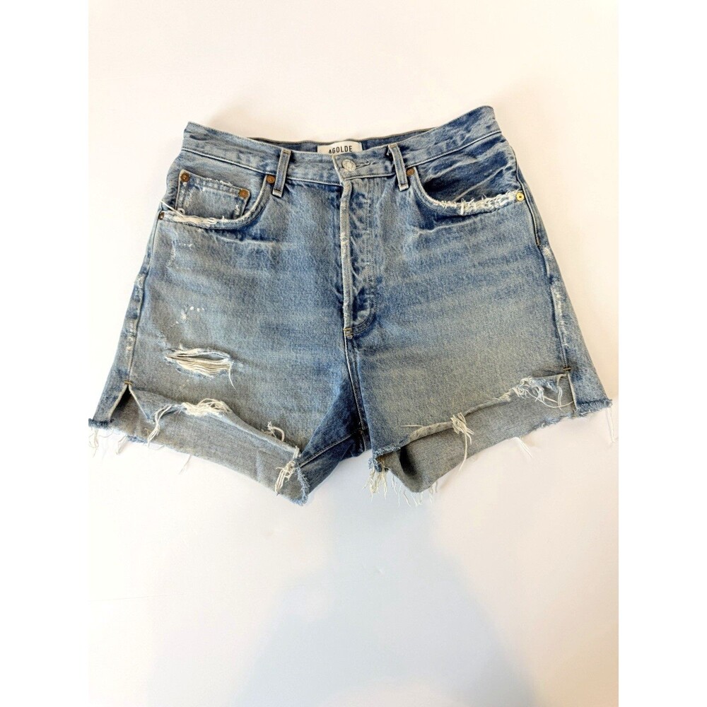 AGOLDE Dee Shorts 28 High Rise Distressed Raw Hem Light Wash Cutoff